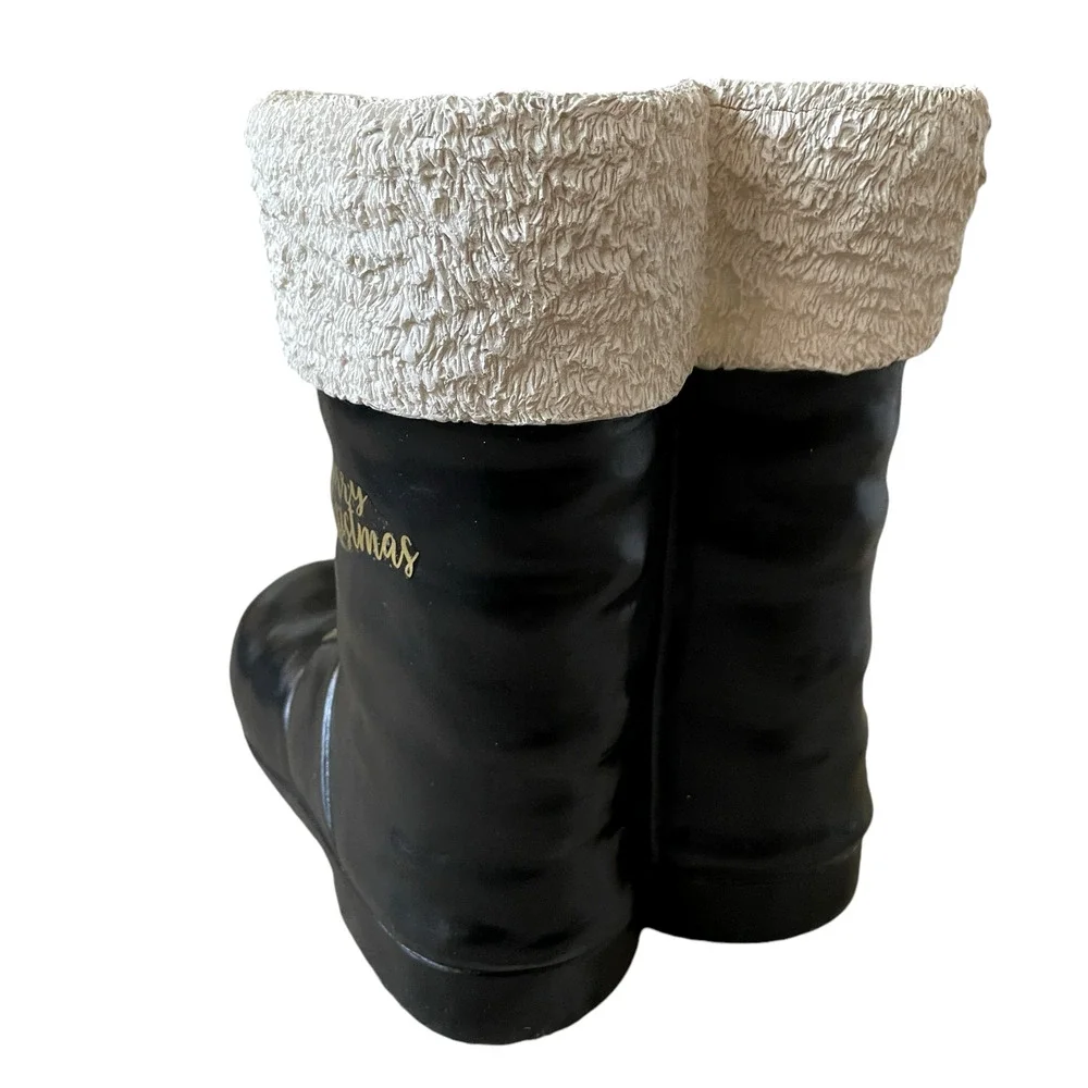 Santa Boots MERRY CHRISTMAS Container Planter Holiday Black Gold White Holiday